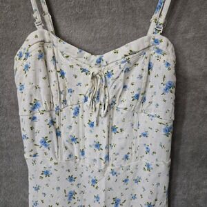 Floral Midi Dress Women 8 White Milkmaid Linen Cottagecore Coquette Babydoll